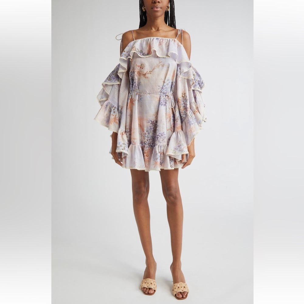 Final Zimmermann Cascadian Floral Ruffle Mini Dress Lilac Botanical AU 2 US 8